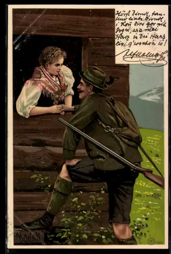 Künstler-AK Alfred Mailick: Jäger schäkert mit einer Frau