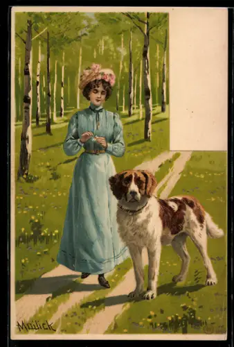 Künstler-AK Alfred Mailick: Fräulein mit ihrem Bernhardiner