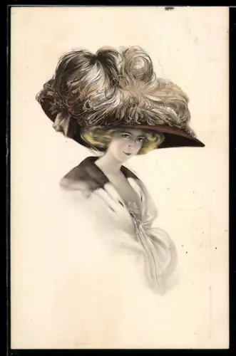 AK Blonde junge Dame mit opulentem Federhut, Portrait