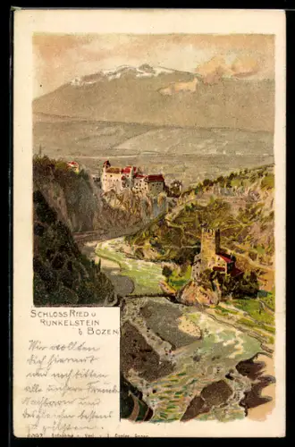 Lithographie Bozen, Runkelstein und Schloss Ried