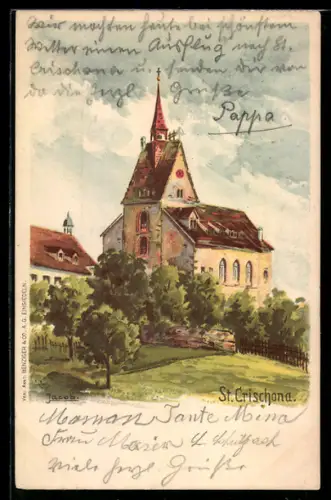 Künstler-AK Basel, Pilgermission St. Crischona, Blick auf die Kirche
