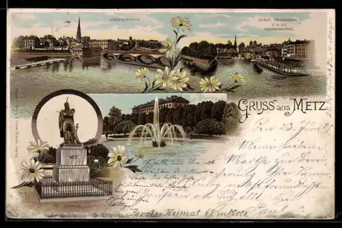 Lithographie Metz, Städtische Triebwerke, Esplanade mit Justizpalast, Jungfernwehr, Ney Denkmal