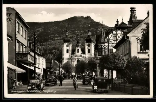 AK Haindorf / Hejnice, Strassenpartie mit Café, Isergebirge