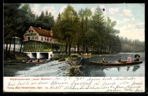 Künstler-AK Eger, Waldrestaurant Insel Mühlerl