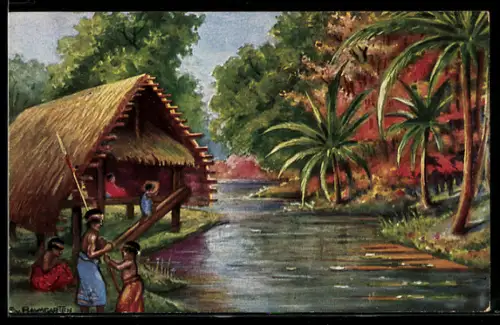 Künstler-AK Neumecklenburg, Landschaft mit Ureinwohnern am Fluss