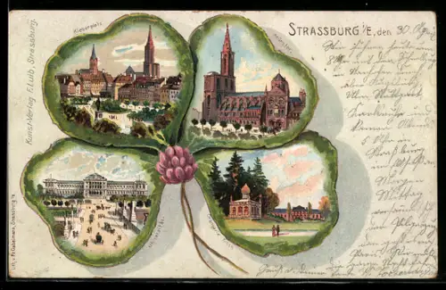 Passepartout-Lithographie Strassburg i. E., Kleberplatz, Universität, Münster, Ansichten auf Kleeblatt