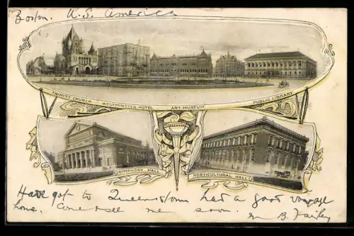 AK Boston, MA, Trinity Church, Westminster Hotel, Art Museum, Public Library, Symphony Hall, Horticultural Hall