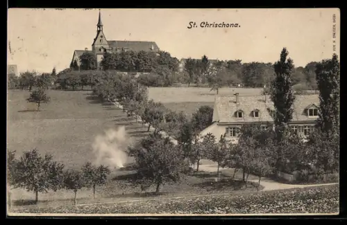 AK St. Chrischona, Ortspartie mit Strasse und Kirche