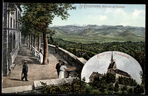 AK St. Chrischona, Blick von der Terrasse, Kirche und Anstaltgebäude
