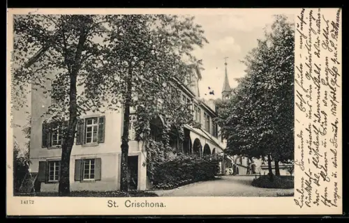 AK St. Chrischona, Strassenpartie mit Kirche
