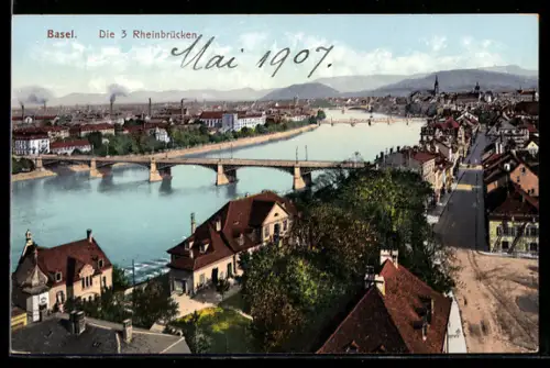 AK Basel, Ortsansicht mit den drei Rheinbrücken