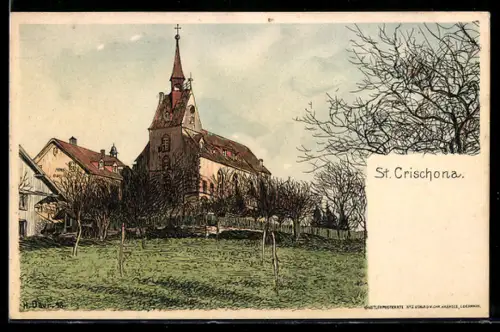 Künstler-AK Hermann Daur: St. Chrischona, Kirche im Herbst
