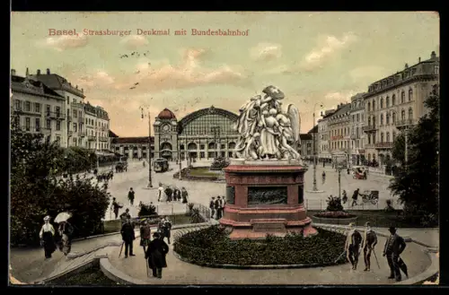 AK Basel, Strassburger Denkmal mit Bundesbahnhof, SBB