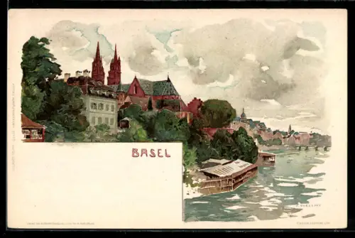 Lithographie Basel, Ortsansicht am Rhein