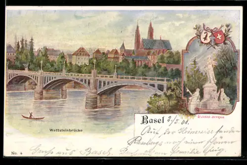 Lithographie Basel, Ortsansicht mit Wettsteinbrücke, St. Jakob-Denkmal