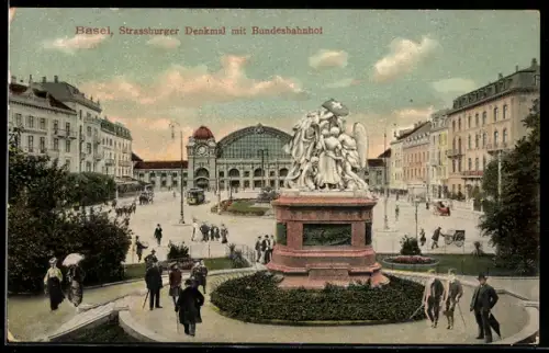 AK Basel, Strassburger Denkmal mit Bundesbahnhof, SBB