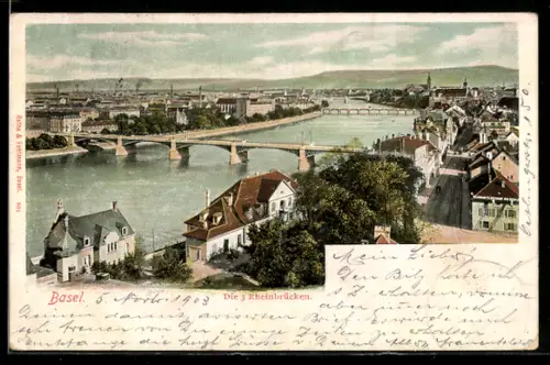 AK Basel, Stadtansicht mit 3. Rheinbrücken aus der Vogelschau