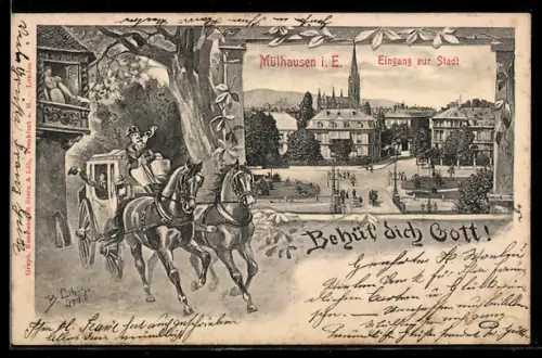 Künstler-AK Bernhard Liebig: Mülhausen i. E., Eingang zur Stadt, Postkutsche