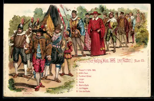 Künstler-Lithographie Wien, Historischer Festzug 1898, Rudolf II., Gräfin Thurn, Cardinal Khiesl, etc.