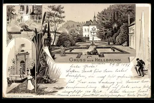 Lithographie Salzburg, Schloss Hellbrunn, Marmorbassin, Neptun, Fontaine