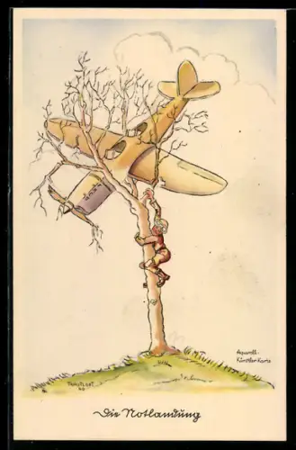 Künstler-AK Die Notlandung eines Bruchpiloten im Baum, Fliegerhumor