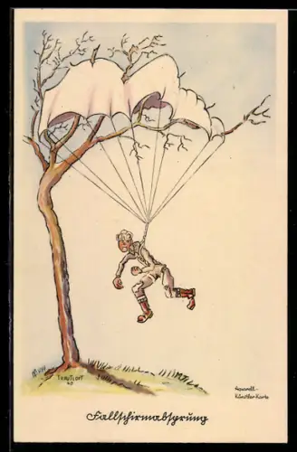 AK Flieger-Humor, Fallschirmjäger ist im Baum gelandet