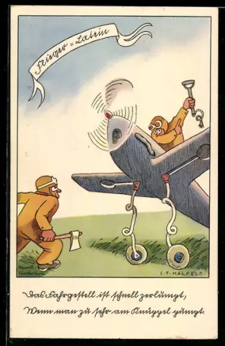 Künstler-AK Flieger-Latein, Pilot zerlegt sein Flugzeug