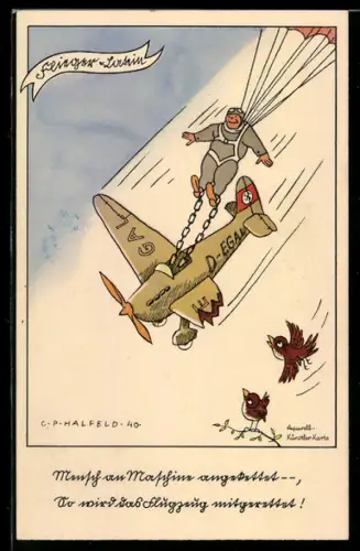 Künstler-AK Fliegerhumor, Deutscher Fallschirmjäger angekettet ans abstürzende Flugzeug