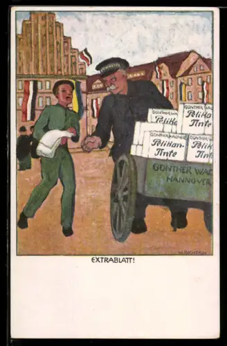 Künstler-AK Reklame Pelikan Günther Wagner, Mann transportiert Ware
