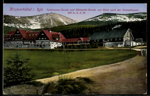AK Krummhübel, Teichmannbaude und Rübezahlbaude mit Blick zur Schneekoppe