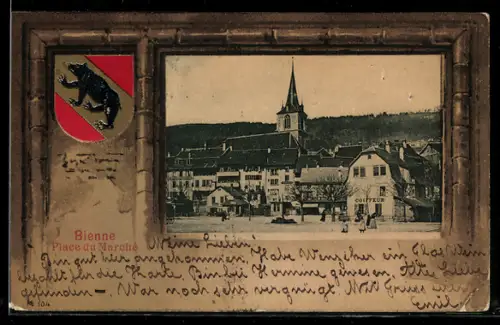 Passepartout-AK Bienne, Place du Marche, Coiffeur, Kirchturm, Wappen