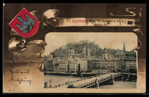 AK Salzburg, Totalansicht mit Brücke, Wappen