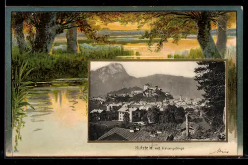 AK Kufstein, Totalansicht mit Kaisergebirge, Seepartie