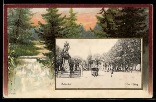 Künstler-AK Den Hag, Buitenhof mit Denkmal und Strassenbahn, Passepartout