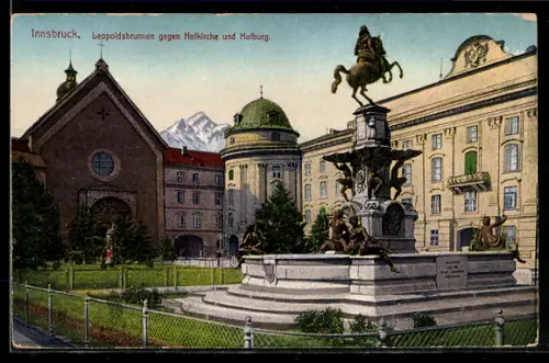 AK Innsbruck, Leopoldsbrunnen gegen Hofkirche und Hofburg