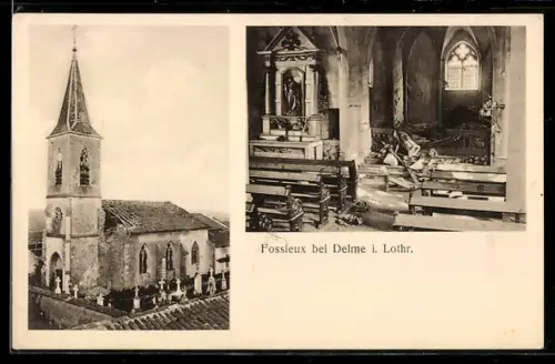 AK Fossieux, Kirche, zerstörte Aussen- und Innenansicht