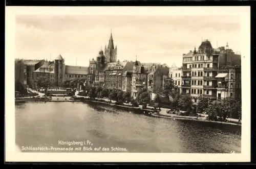 AK Königsberg i. Pr., Schlossteich-Promenade mit Blick auf das Schloss