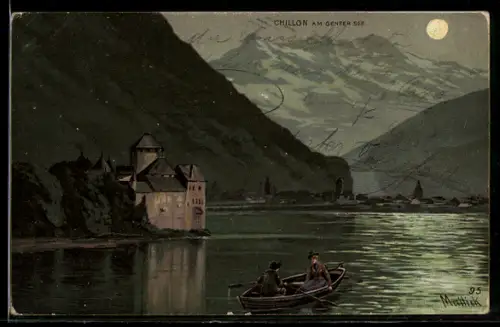Lithographie Paar im Vollmondlicht auf Genfer See und Schloss Chillon