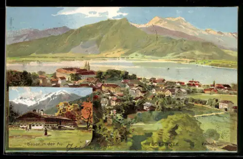 Künstler-AK Tegernsee, Generalansicht, Bauer in der Alm