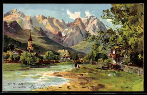 Künstler-AK Karl Heinisch: Garmisch, Ortspartie am Flussufer