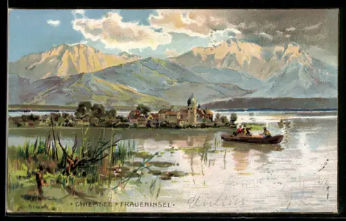 Künstler-AK Karl Heinisch: Frauen-Insel /Chiemsee, Blick zur Frauen-Insel