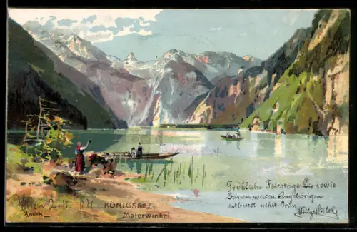 Künstler-AK Karl Heinisch: Königssee, Ruderboote am Malerwinkel