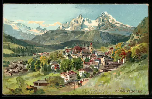 Künstler-AK Karl Heinisch: Berchtesgaden, Gesamtansicht mit Villen, Strassenpartie und Gebirgspanorama