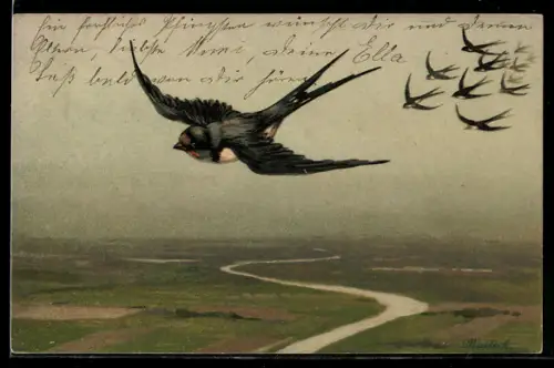 Künstler-AK Alfred Mailick: Schwalben fliegen über Landschaft