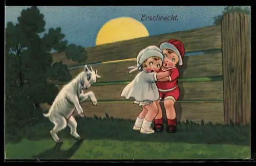AK Kleines Paar wird von einem kleinen Ziegenbock erschreckt, Vollmond