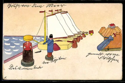 AK Strandszene mit Spielzeug-Segelbooten aus Holz