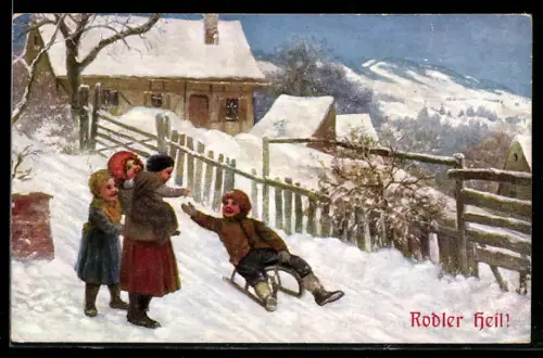 AK Junge rodelt an lachenden Kindern vorbei