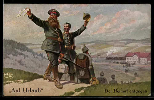 Künstler-AK A. Thiele: Auf Urlaub, Der Heimat entgegen