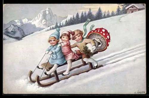 Künstler-AK C. Öhler: Kinder mit Riesen Fliegenpilz rodeln mit dem Schlitten den Berg hinunter