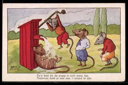 Künstler-AK Gruppe Mäuse hänselt andere Maus